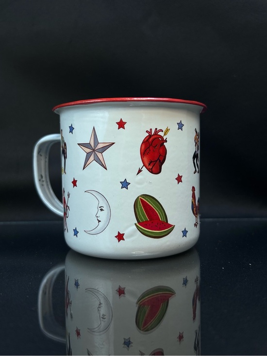 Wajiro Dream Other - Wajiro Dream Metal Enamel Coffee Mug with Mexican Loteria Tattoo Design 3" Tall